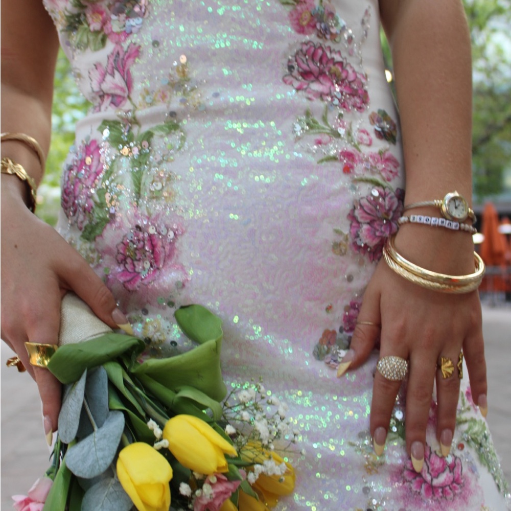 White Sequin Embellished Strapless Prom Gown
